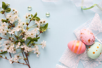 Easter greeting card. easter eggs and flowering branch