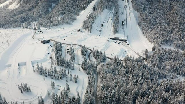 Aerial view of Ski Jump in Planica, Slovenia at Ratece near Kranjska gora in winter with snow.