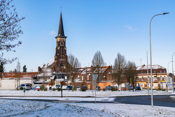 Winter view of the Saint-G&eacute;rard church and the Wattrelos district of Touquet-Saint-G&eacute;rard in France. Department Nord-Pas-de-Calais.
