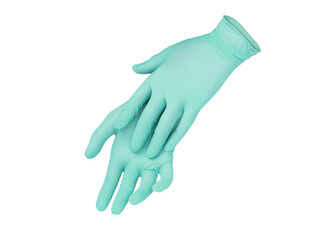 Medical nitrile gloves. Two green surgical gloves isolated on white background with hands. Rubber...