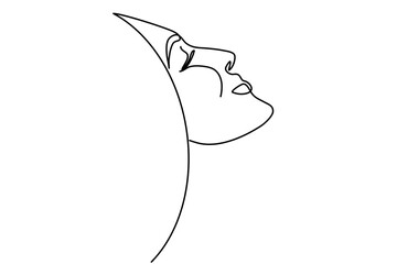 Abstract woman face, concept for beauty, care, relaxation, fashion. Vector illustration. Drawing a continuous line. Graphic style. Contemporary portrait. Girl with closed eyes. Girl's face in profile.