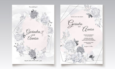  Elegant wedding invitation card with grey  floral and leaves template Premium Vector