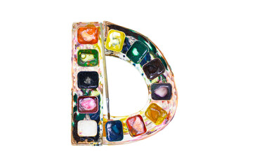 Font, a letter D made of watercolors and paints