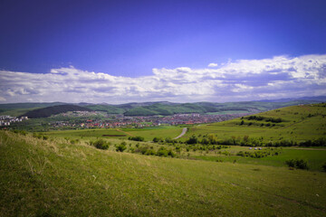 Fototapeta na wymiar Landscape of meadow and the view of the city from outside. Summer time.