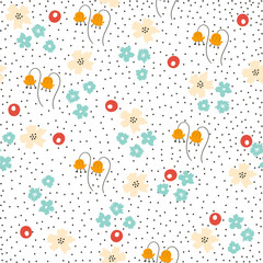 Floral seamless pattern and dots background. Summer simple print. Vector hand drawn illustration.