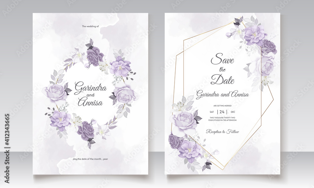 Canvas Prints elegant wedding invitation card with purple floral and leaves template premium vector - Canvas Prints