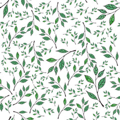 Seamless pattern with bright leaves drawn by watercolor. Spring fresh background for printing on paper, fabric. - 412343609