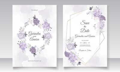  Elegant wedding invitation card with purple  floral and leaves template Premium Vector