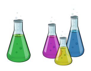 Multicolored chemicals with bubbles in glass flasks on a white background 