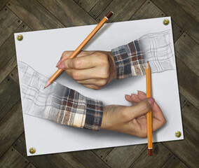 Two impossible women's hands with pencils draw each other. Wooden background.
