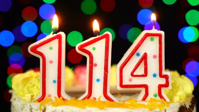 Number 114 Happy Birthday Cake With Burning Candles Topper.