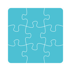 Nine jigsaw pieces or parts connected together.