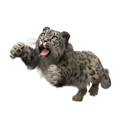 Snow Leopard attacks prey. 3D illustration isolated on white.