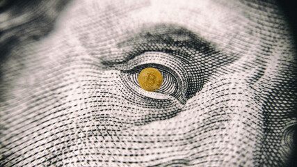 Close up of eye, dollar banknote with a Bitcoin coin inside, new financial concept