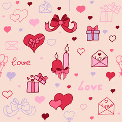 cute seamless pattern for valentine's day: hearts, gifts, bows 