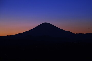 Silhouette view of Mt.Fuji after sunset in February.