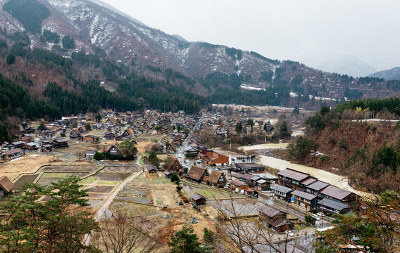 beautiful view of ncient traditional japanese country farm homes in shirakawa-go area