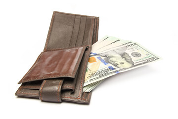 dollar business money in a purse on a white background