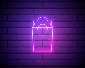 Shopping bag icon in neon line style. Paper bag packaging symbol. Vector illustration.