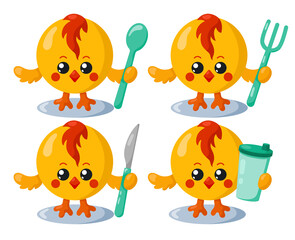 Set of funny cute kawaii chick with round body, spoon, fork, knife and cup in flat design with shadows. Isolated animal vector illustration with cutlery	