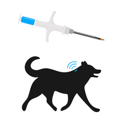 Syringe with microchip and dog silhouette with implant and RFID signal. Concept of pets microchipping, animals permanent ID. Vector flat illustration