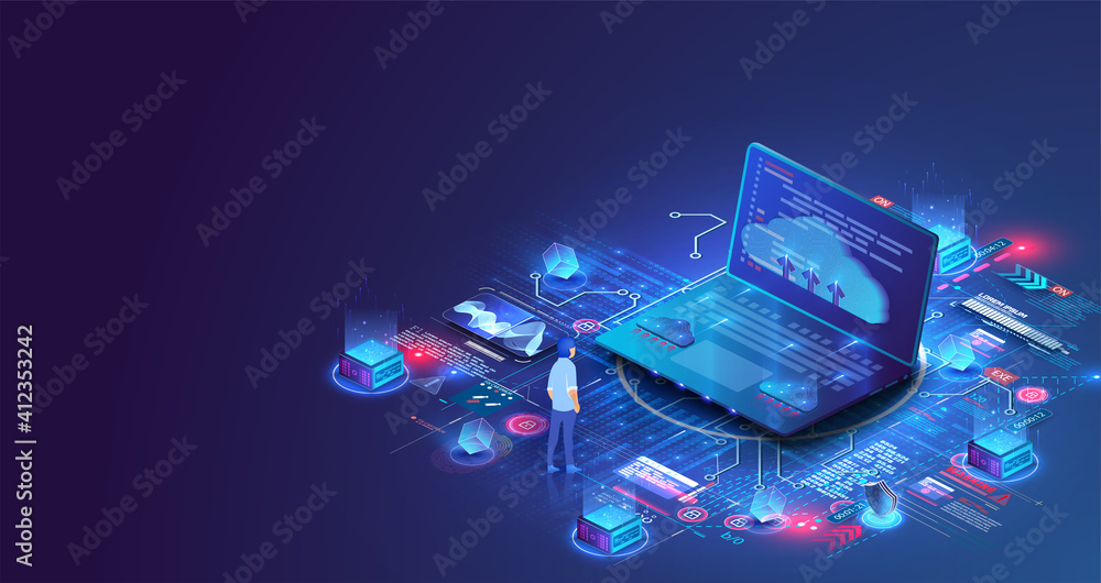 Fototapete concepts cloud storage and server room. monitoring and testing of the digital process. digital busin
