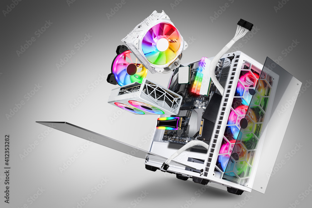 Poster exploded view of white gaming pc computer with glass windows and rainbow rgb led lights. flying hard