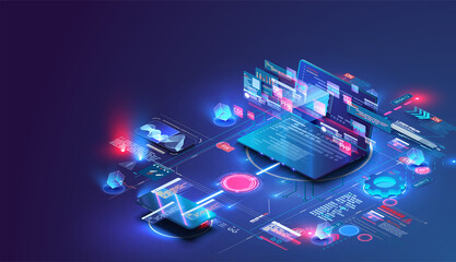 Application of Smartphone with business graph and analytics data on isometric mobile phone. Analysis trends and software development coding process concept. Programming, testing cross platform code