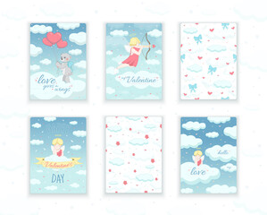 Valentine's Day card set. Bear with balls. Cupid on a cloud. Cupid shoots a bow. Vector illustration. The 14th of February. Love.