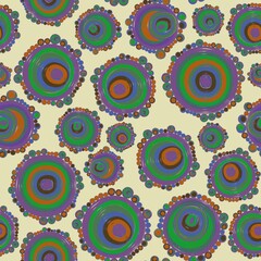 Geometric seamless pattern,texture with perfectly contacting nested circles with different size colors.Repeating pattern with circles filled with dots.For textile,wrapping ,banner.Multicolor on dairy
