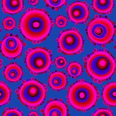 Fototapeta premium Geometric seamless pattern,texture with perfectly contacting nested circles with different size colors.Repeating pattern with circles filled with dots.For textile,wrapping paper,banner.Pink on azure