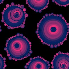 Geometric seamless pattern,texture with perfectly contacting nested circles with different size colors.Repeating pattern with circles filled with dots.For textile,wrapping paper,banner.Blue on black