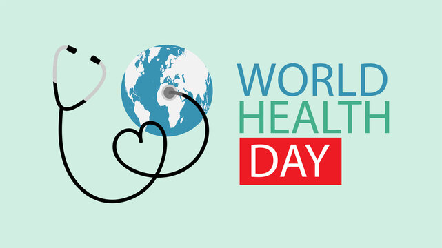 World health day banner concept text design with doctor stethoscope and world globe vector illustration.

