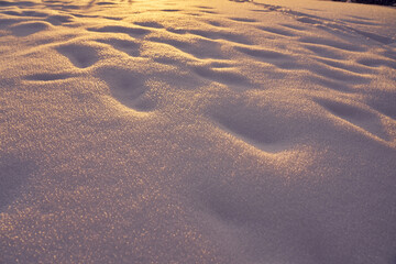 The texture of the snow on a frosty evening at sunset as a background.