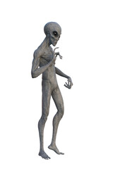 Grey Alien thinking. 3D render isolated on white.