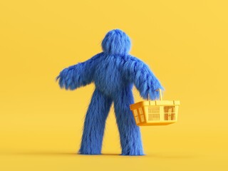 3d render, funny Yeti cartoon character goes shopping, with empty shopping cart, hairy blue monster toy. Sale concept. Commercial clip art isolated on yellow background © NeoLeo