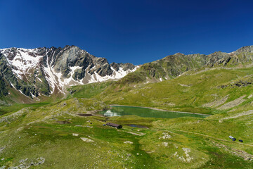 Passo Gavia, mountain pass in Lombardy, Italy, to Val Camonica at summer. Lake