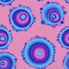 Geometric seamless pattern,texture with perfectly contacting nested circles with different size colors.Repeating pattern with circles filled with dots.For textile,wrapping paper,banner.Azure on pink