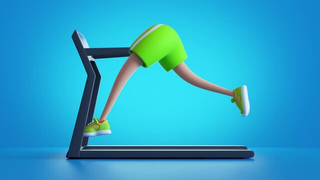 3d render, cartoon character slim legs running on treadmill isolated on blue background. Cardio training loop animation