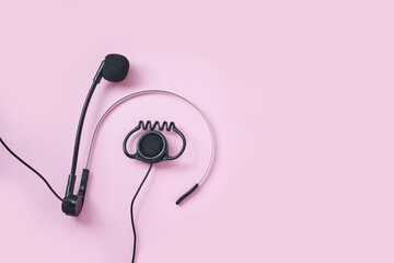 Translation center. Set for telemarketing. Manager customer. Listening operator. Flatlay. Person...