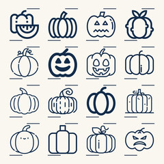 Simple set of pumpkin related lineal icons.