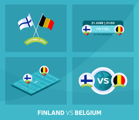 Finland vs Belgium match set. Football 2020 championship match versus teams intro sport background, championship competition final poster, flat style vector illustration.