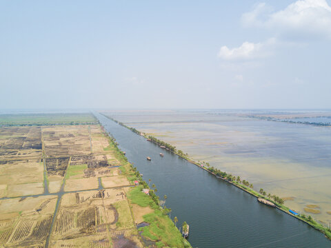 Aerial view of houseboats on the backwaters of Kerala, India