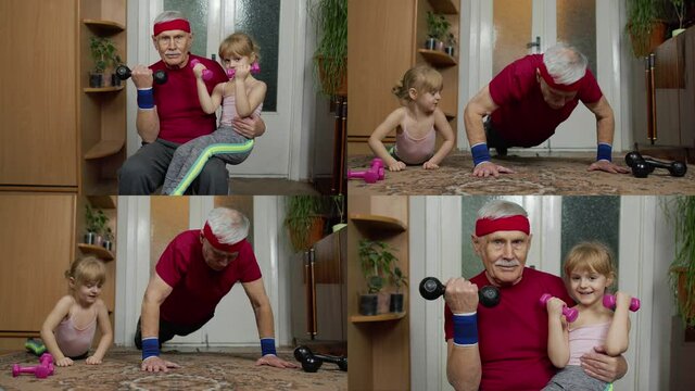 Multi-screen Shot Of Granddaughter And Mature Grandfather In Sportswear Making Sports Workout At Home. Active Old Senior Man With Child Kid Girl Doing Fitness Exercises Dumbbells And Push-ups