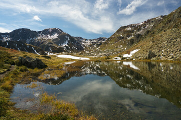 Fototapeta premium Ibon de Anayet and the Portalet with the bottom the Anayet peak. Concept famous mountains of the Aragonese Pyrenees