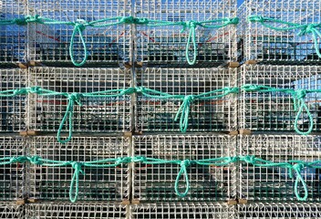 View of stacks of lobster traps in Maine, United States