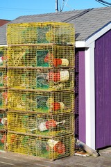 View of stacks of lobster traps in Maine, United States