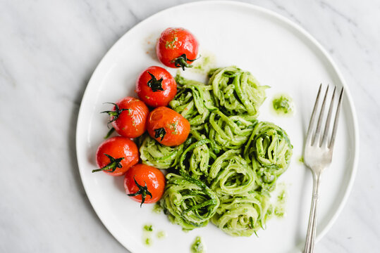 Zoodles with Tarragon Pesto and Cherry Burst Tomatoes