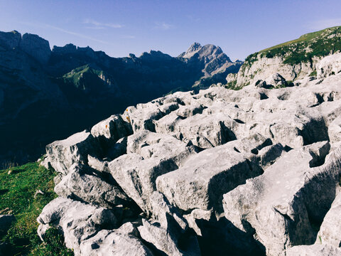 Alpstein - Limestone Formation and Mount Altmann on Sunny Summer