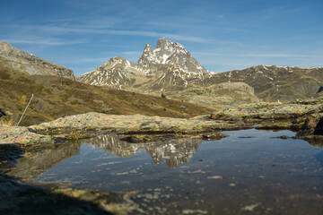 Fototapeta premium Ibon de Anayet and the Portalet with the bottom the Anayet peak. Concept famous mountains of the Aragonese Pyrenees